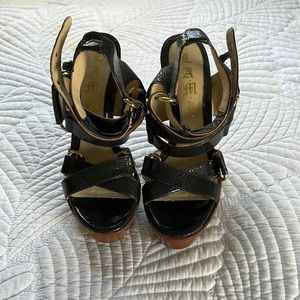 Blue patent leather strappy platforms